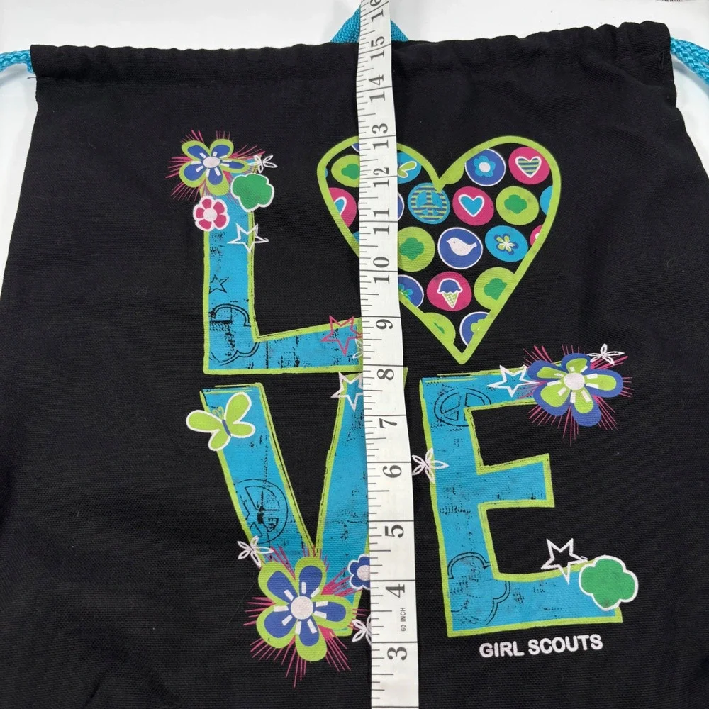 Girl Scouts Girls Drawstring Backpack Black LOVE Graphic Cinch Bag Utility Y2K